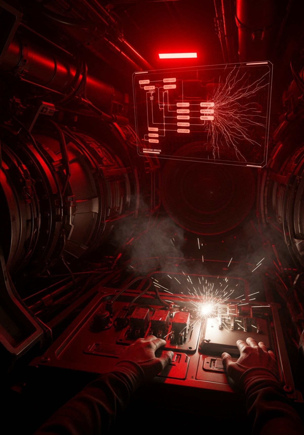 Concept art: cascade failure inside a ship's ops bay (B-T-Fly universe)